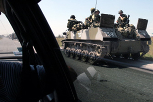 Georgia/Russia fighting - Russian soldiers in an armoured vehicled
