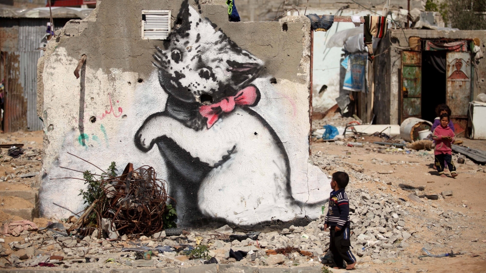 British artist Banksy''s graffitis on walls of Gaza