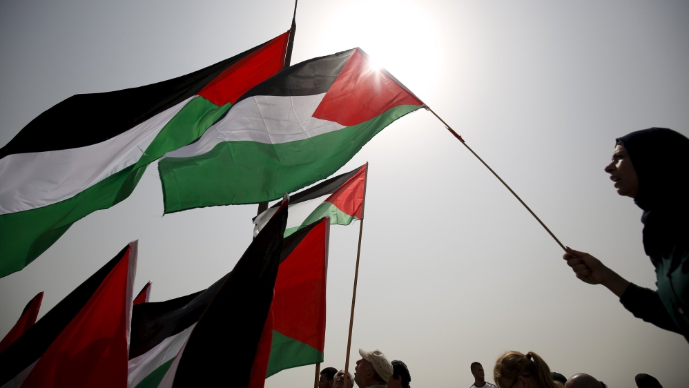 Demonstrators hold Palestinian flags