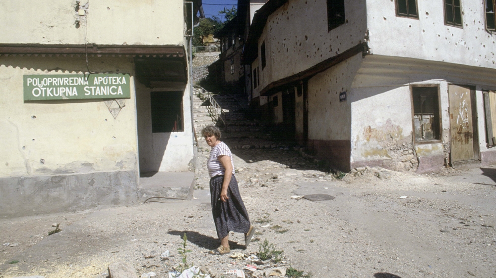 War of Bosnia-Herzegovina. Houses with walls riddled with bullets