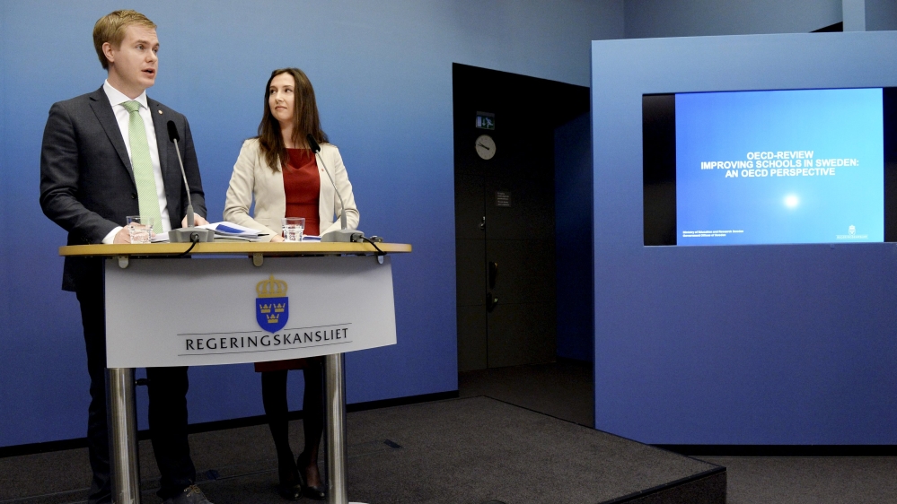 Sweden’s Education Minister Fridolin and Upper Secondary School and Adult Education and Training Minister Hadzialic speak at a news conference in Stockholm