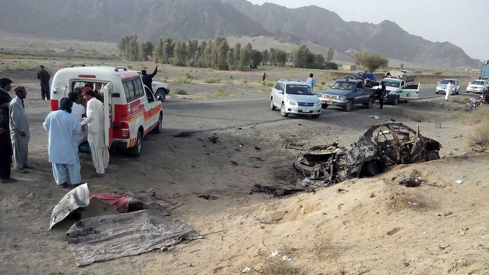 Wreckage of the destroyed vehicle of Taliban leader Mansoor