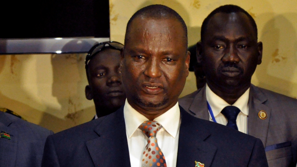 Gai addresses a news conference after arriving in South Sudan''s capital Juba