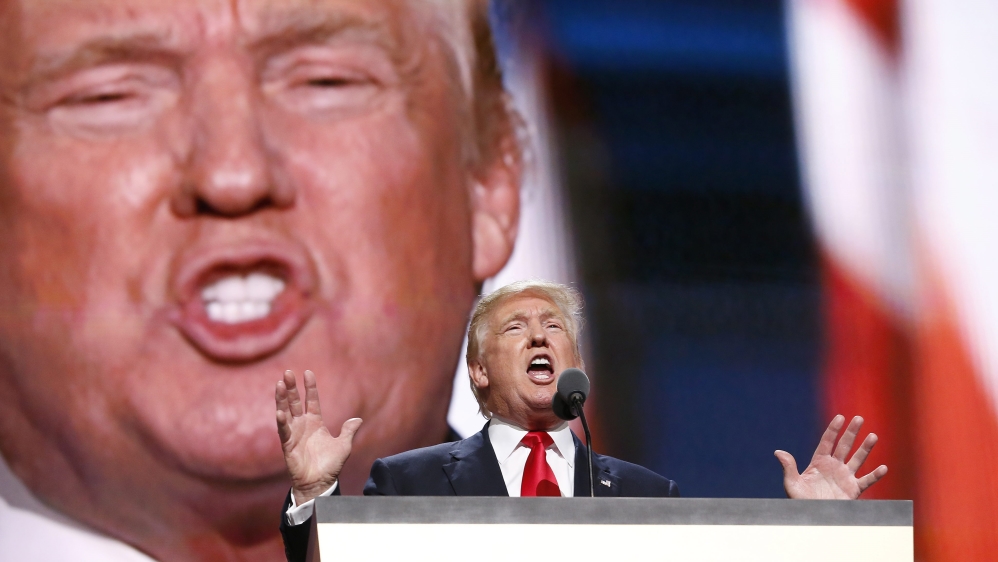 Then Republican presidential nominee Donald Trump delivers his address during the final day of the 2016 RNC in Cleveland, Ohio.