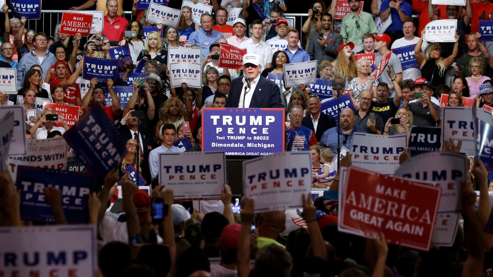 Republican presidential nominee Donald Trump speaks during a campaign event in Dimondale