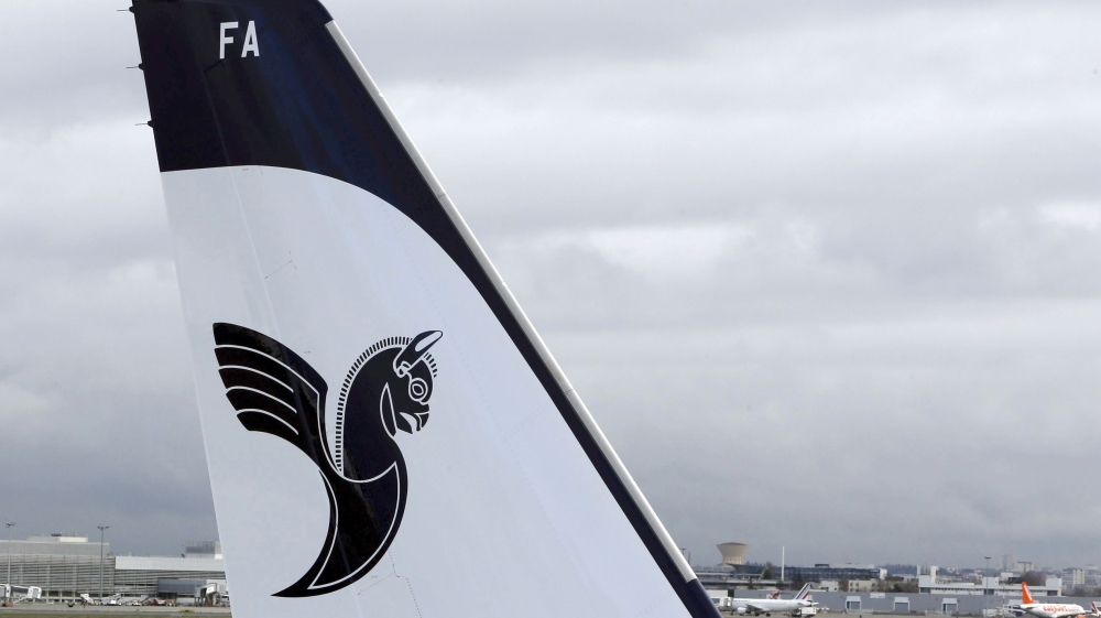 A logo of IranAir is pictured on an Airbus A321 during the first delivery as the company takes delivery of the first new Western jet under an international sanctions deal in Colomiers