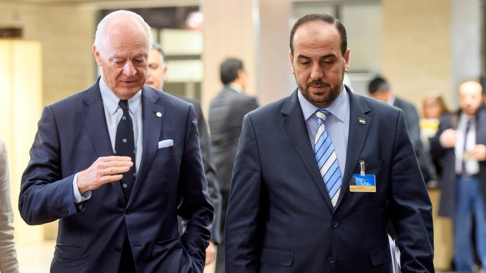 Meeting of Intra Syria peace talks with UN Special Envoy for Syria and Syria''s main opposition High Negotiations Committee at the European headquarters of the United Nations in Geneva