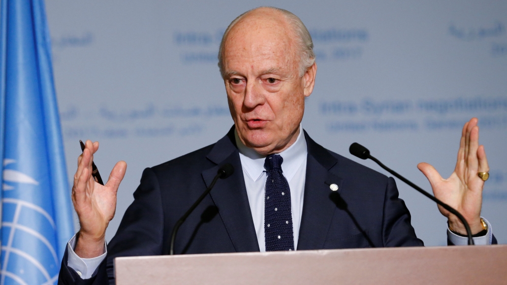 UN Special Envoy for Syria de Mistura attends a news conference during the Intra Syria talks at the UN in Geneva