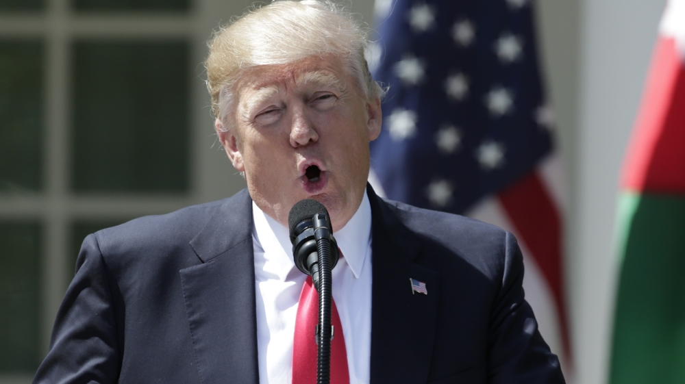 U.S. President Trump speaks about the gas attack in Syria during joint news conference with Jordan''s King Abdullah II in the Rose Garden at the White House in Washington