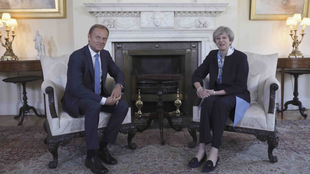 Britain''s Prime Minister, Theresa May, and Donald Tusk, the President of the European Council, meet inside 10 Downing Street, in central London