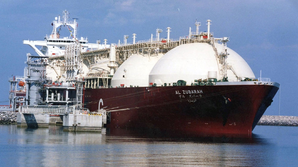 A Qatari liquid natural gas (LNG) tanker ship being loaded up with at Raslaffans Sea Port, northern Qatar.