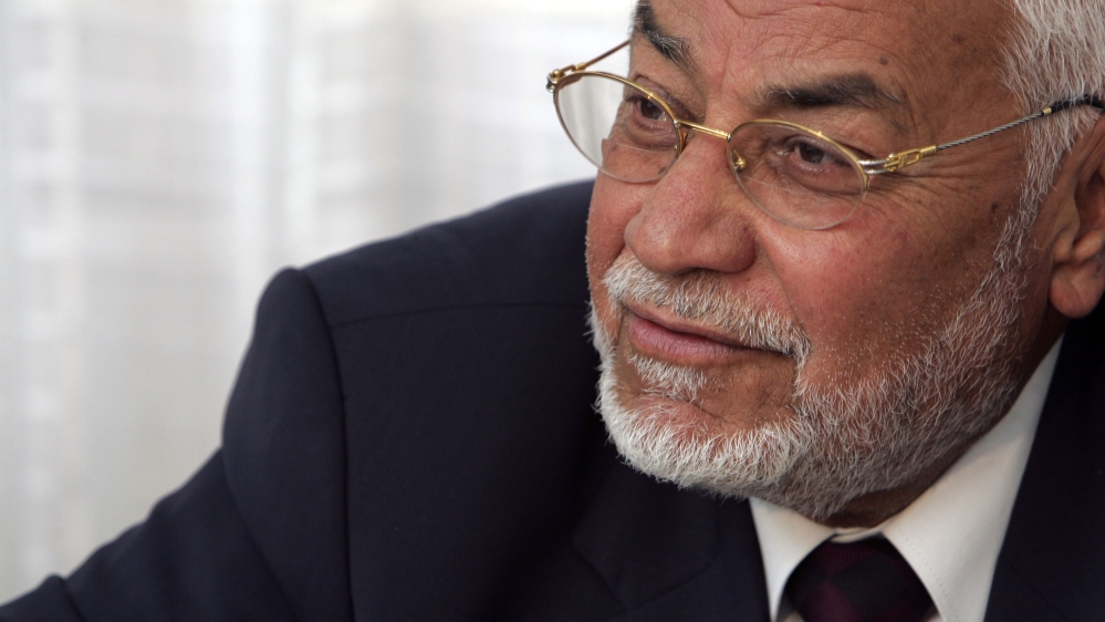 Head of the Muslim Brotherhood Akef speaks during an interview about the proposed amendments to the Egyptian constitution in Cairo