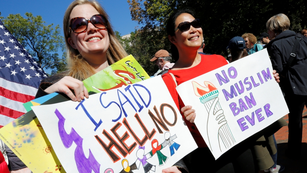 Protesters gather for "NoMuslimBanEver" rally