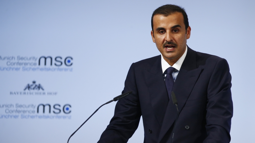 Emir of Qatar Sheikh Tamim bin Hamad al-Thani talks at the Munich Security Conference in Munich, Germany, February 16, 2018.