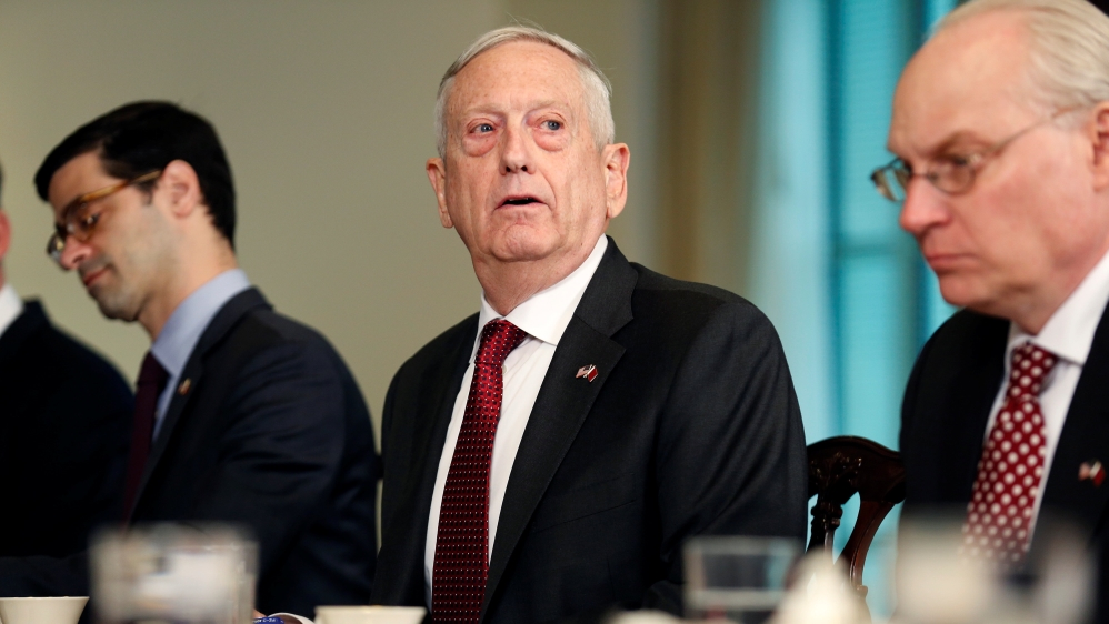 U.S. Secretary of Defense James Mattis speaks during a meeting with Qatari Emir Sheikh Tamim Bin Hamad Al-Thani at the Pentagon in Washington