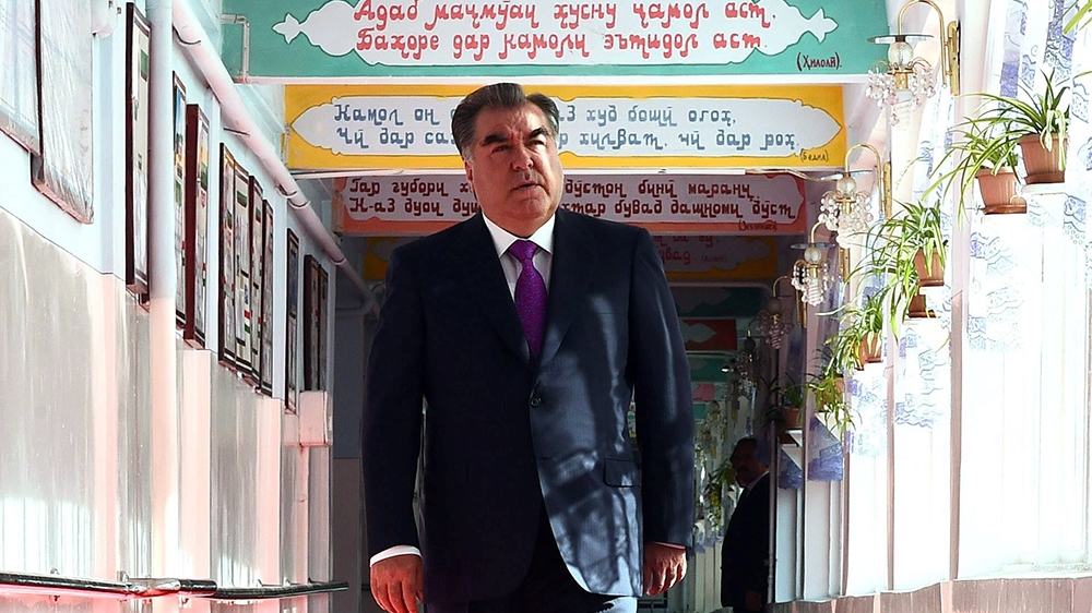 Tajik President Emomali Rakhmon walks to cast his ballot at a polling station in Dushanbe, Tajikistan, Sunday, May 22, 2016. Tajikistan holds a referendum on changing the constitution to allow Rakhmon