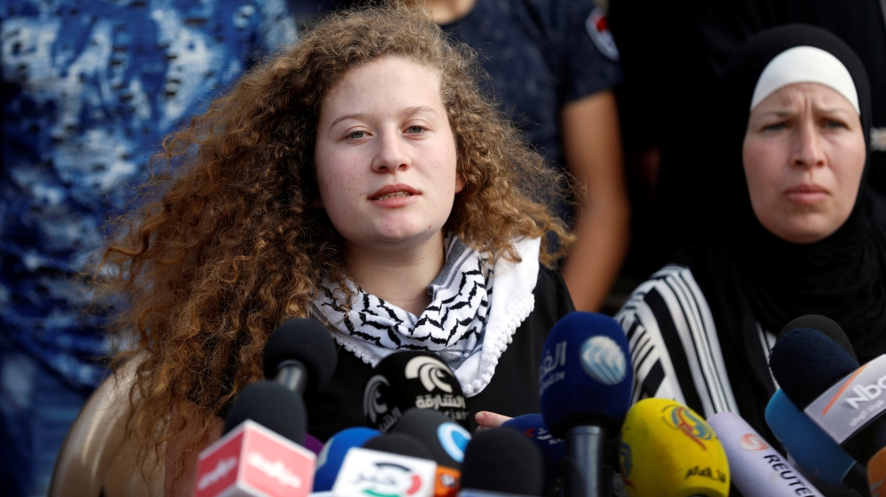 Palestinian teenager Ahed Tamimi speaks during a news conference after she was released from an Israeli prison, in Nabi Saleh village in the occupied West Bank