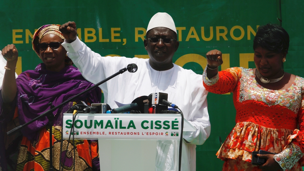 Soumaila Cisse, leader of opposition party URD speaks during a news conference in Bamako