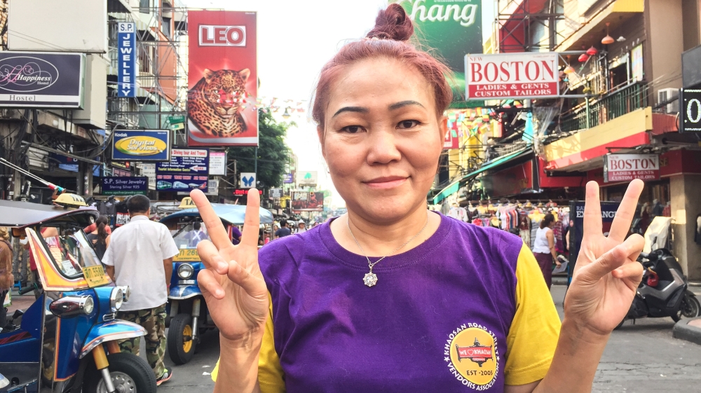 Yada Pornpetrumpa on Khaosan Road on September 25, the day the ban came into effect [Adam Bemma/Al Jazeera]