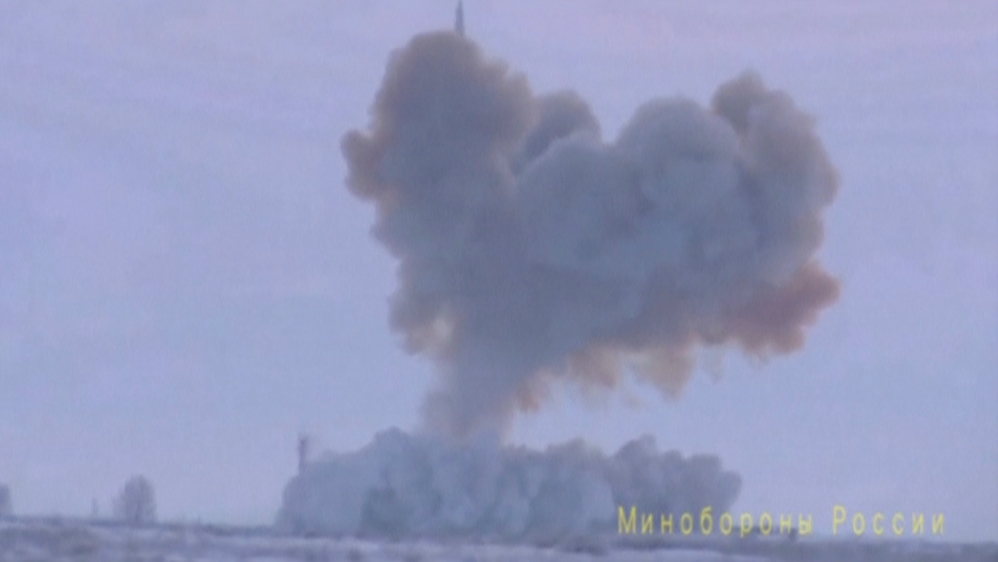 A still image shows a test launch of an Avangard new hypersonic missile in Orenburg Region