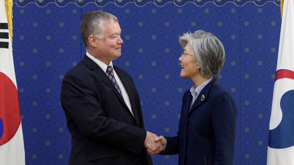Stephen Biegun, US envoy for North Korea met with South Korea's Foreign Minister Kang Kyung-wha to brief her on his talks with Pyongyang [Ed Jones/Pool via Reuters]