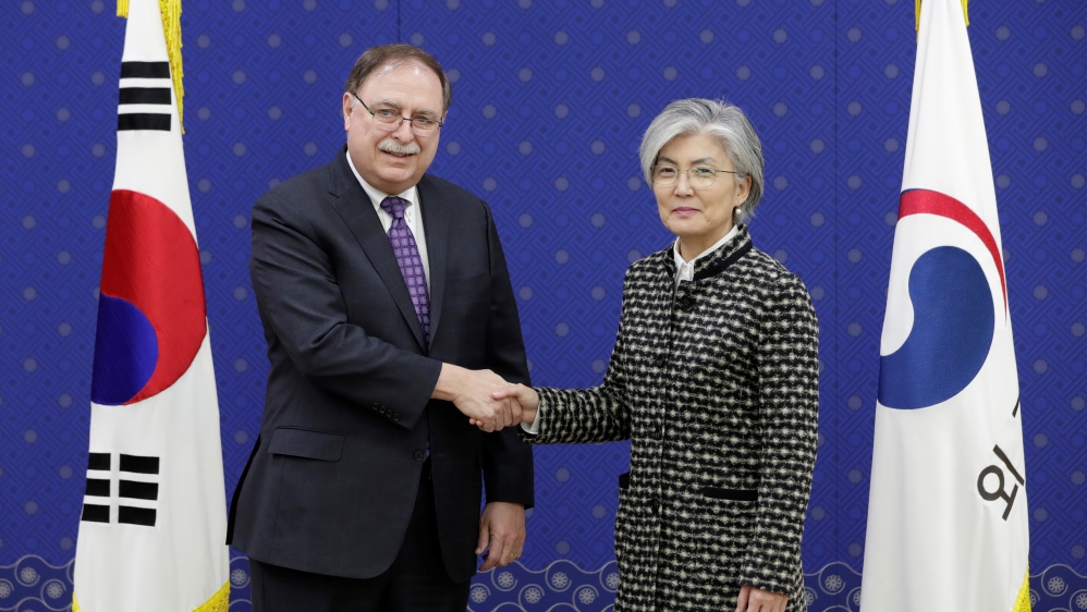 South Korean Foreign Minister Kang Kyung-wha and Timothy Betts, acting Deputy Assistant Secretary and Senior Advisor for Security Negotiations and Agreements in the U.S. Department of State,