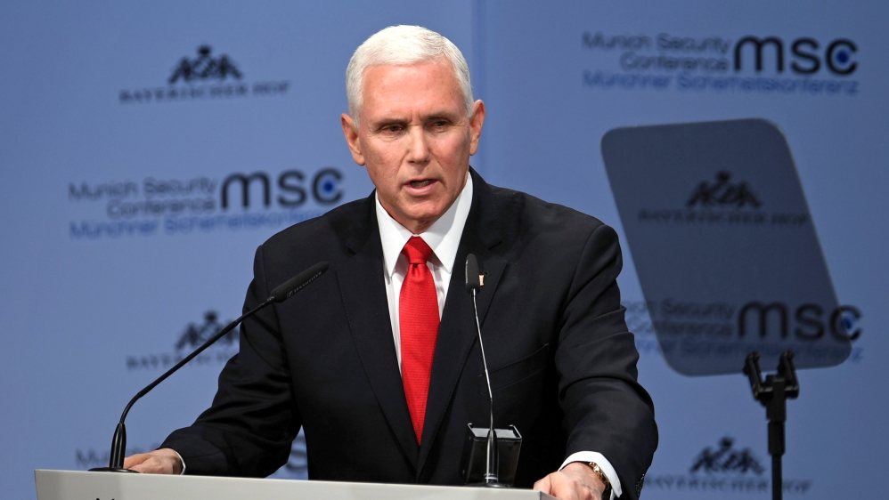 U.S. Vice President Mike Pence speaks during Munich Security Conference in Munich, Germany February 16, 2019