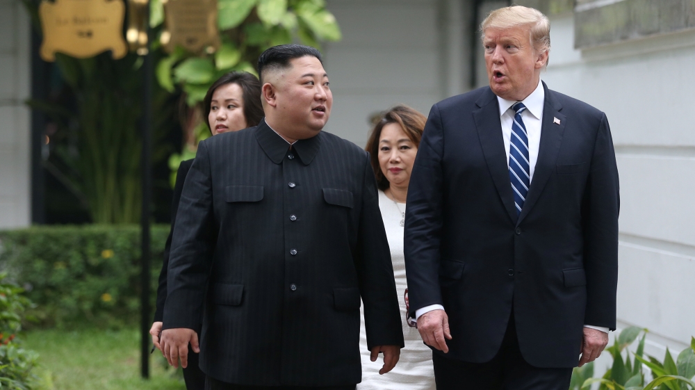 North Korea''s leader Kim Jong Un and U.S. President Donald Trump talk in the garden of the Metropole hotel during the second North Korea-U.S. summit in Hanoi