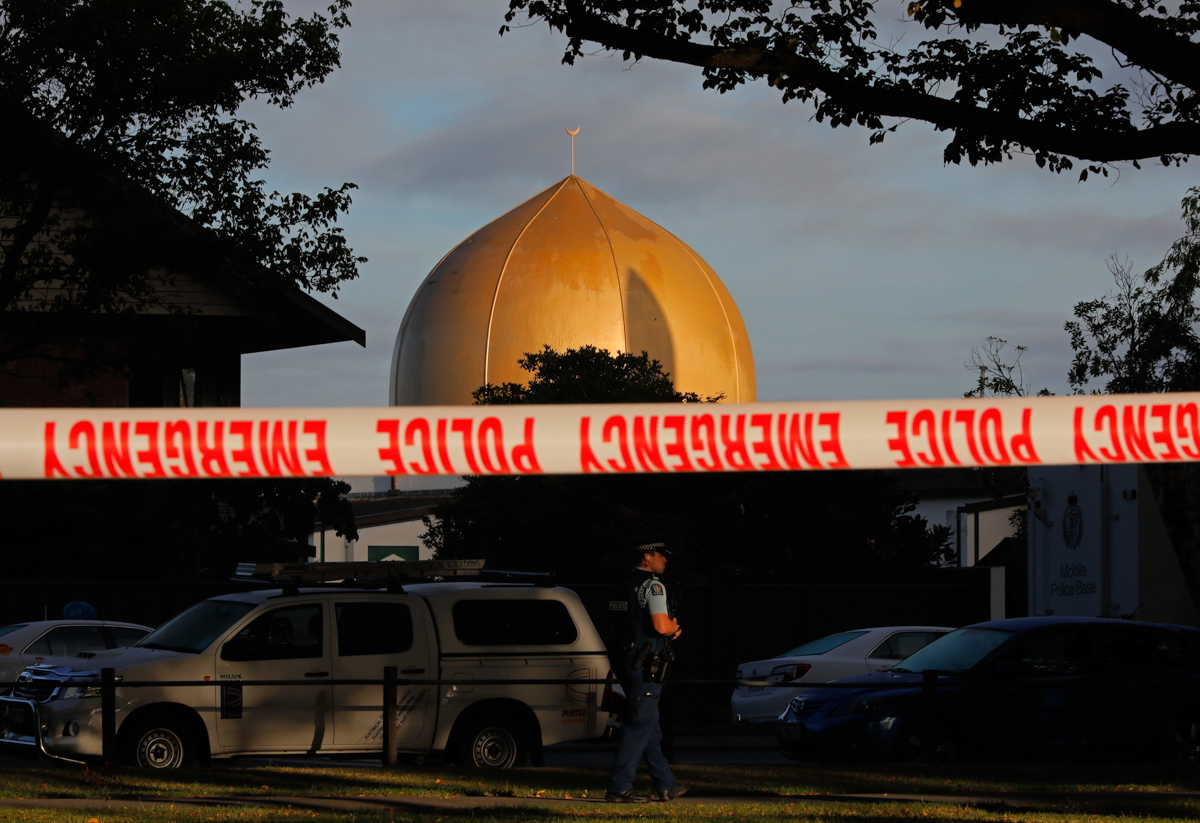A police officer stands guard in front of the Masjid Al Noor mosque in Christchurch, New Zealand, Sunday, March 17, 2019, where one of the two mass shootings occurred. New Zealand''s stricken residents