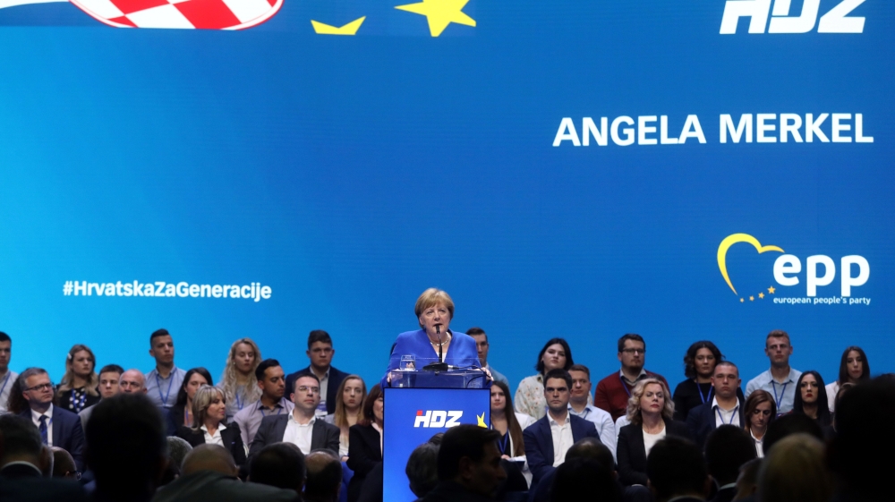 German Chancellor Angela Merkel delivers a speech during the European People''s Party (EPP) and the Croatian Democratic Union (HDZ) campaign rally for the European Parliament elections in Zagreb