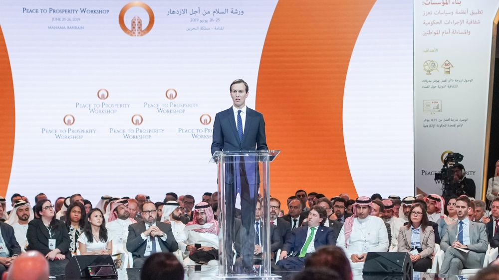 A handout picture released by the Peace to Prosperity Workshop shows White House senior adviser Jared Kushner speaking during a US-sponsored Middle East economic conference in the Bahraini capital Man