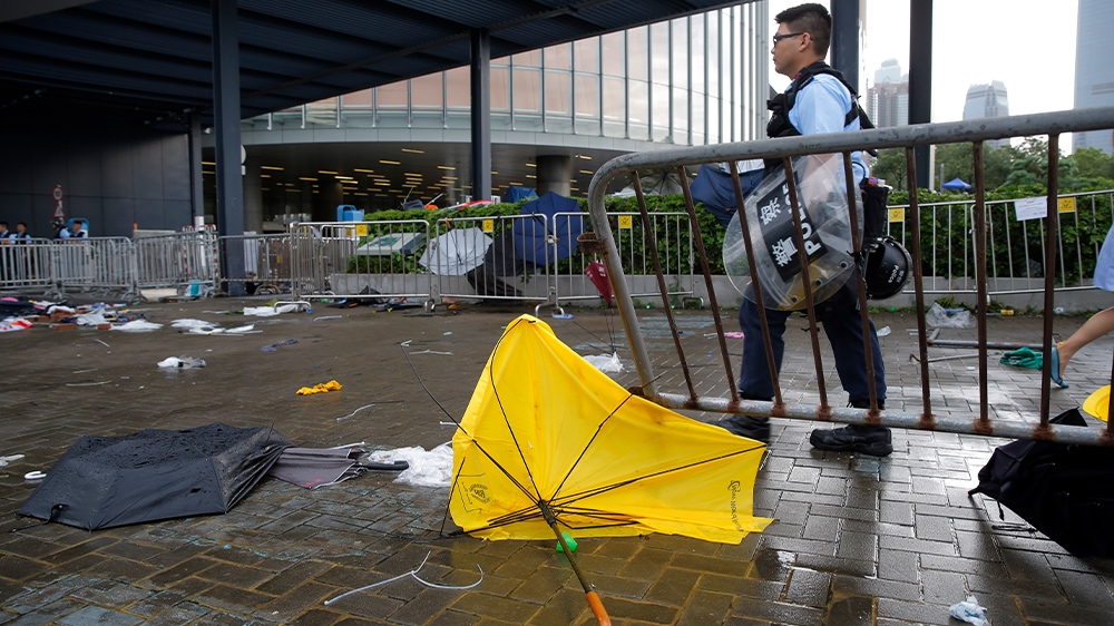 A riot police patrols outside the Legislative Council in Hong Kong