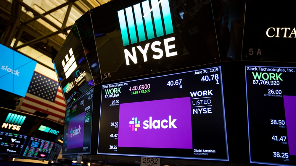 Slack Technologies IPO day at NYSE/Bloomberg