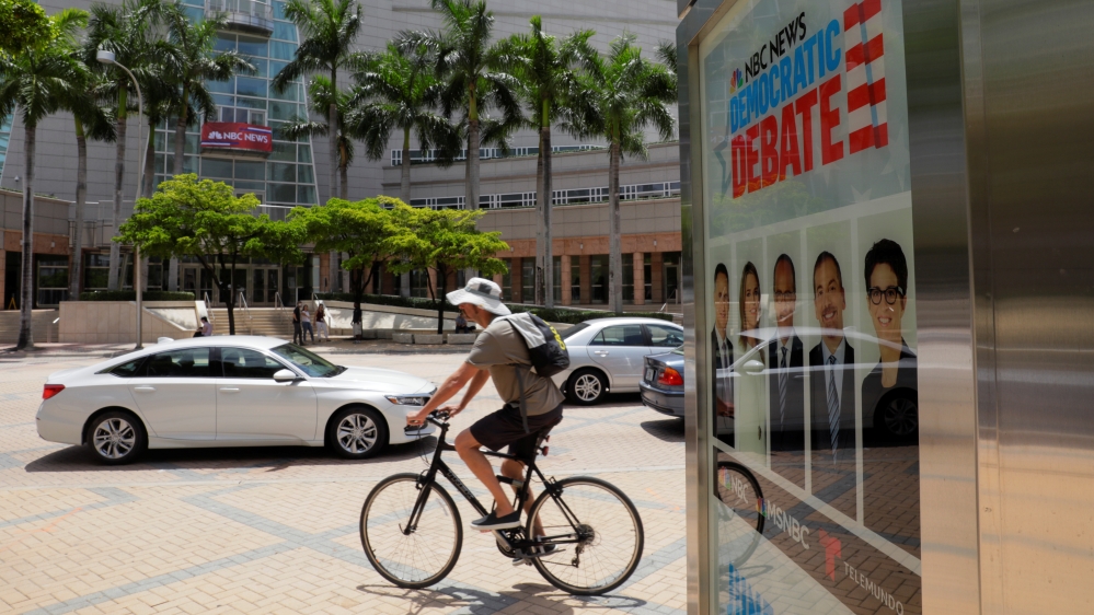 Traffic moves past the venue where 20 Democratic U.S. presidential candidates will hold the first debate of the 2020 election in Miami