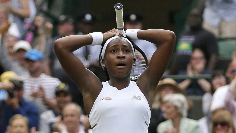 Cori "Coco" Gauff reacts after beating United States''s Venus Williams