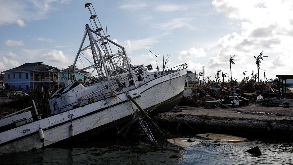 A boat thrown onto the shore when Hurricane Dorian hit the Abaco Islands