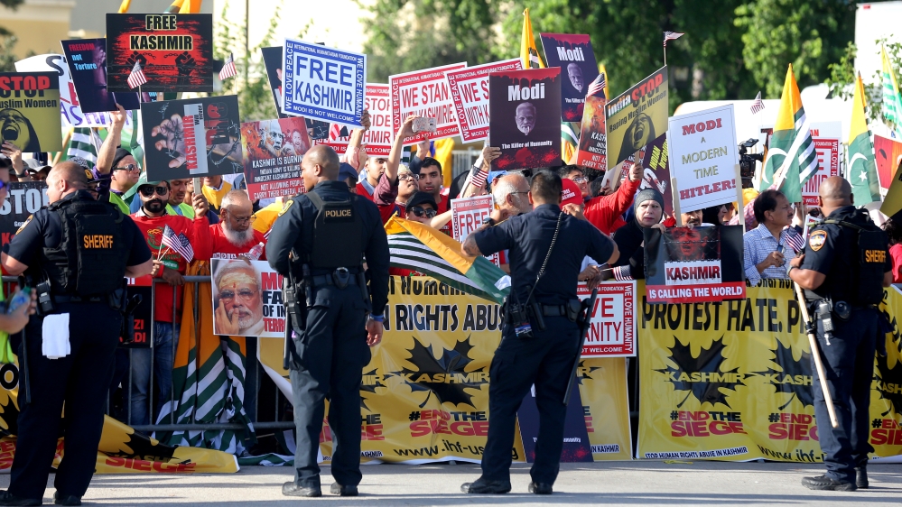 Counter-demonstrators protest during a 