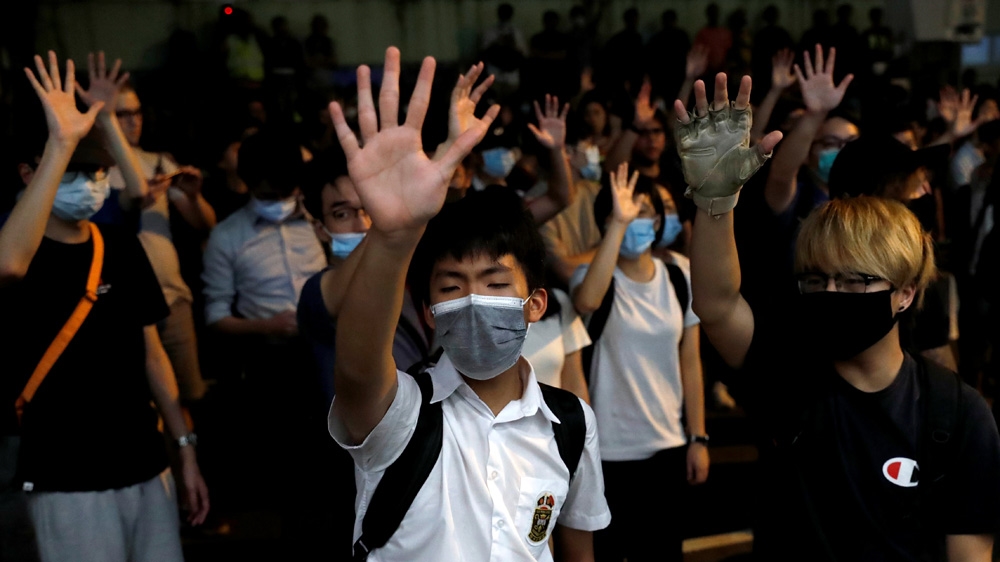 Protesters gathered for a dialogue held by Hong Kong Chief Executive Carrie Lam
