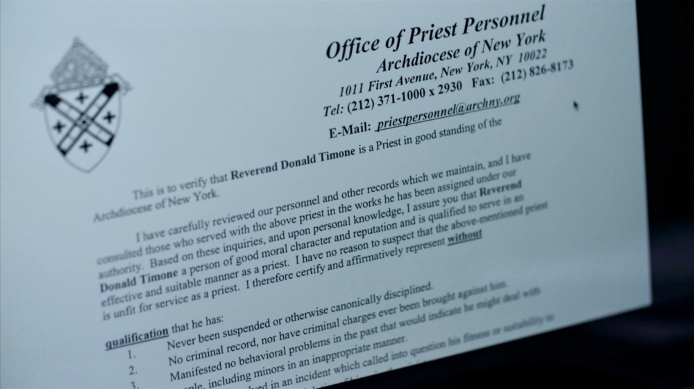 A letter of good standing for Father Donald Timone, written in December 2018, by officials at the Archdiocese of New York – after they had settled claims against the priest