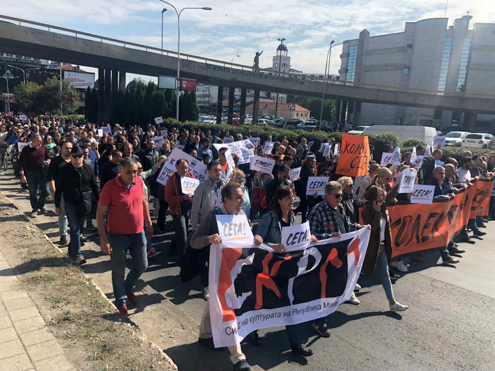 Cultural Union of Macedonia workers march, demanding a new union-government contract with chants in Albanian, Turkish, and Macedonian