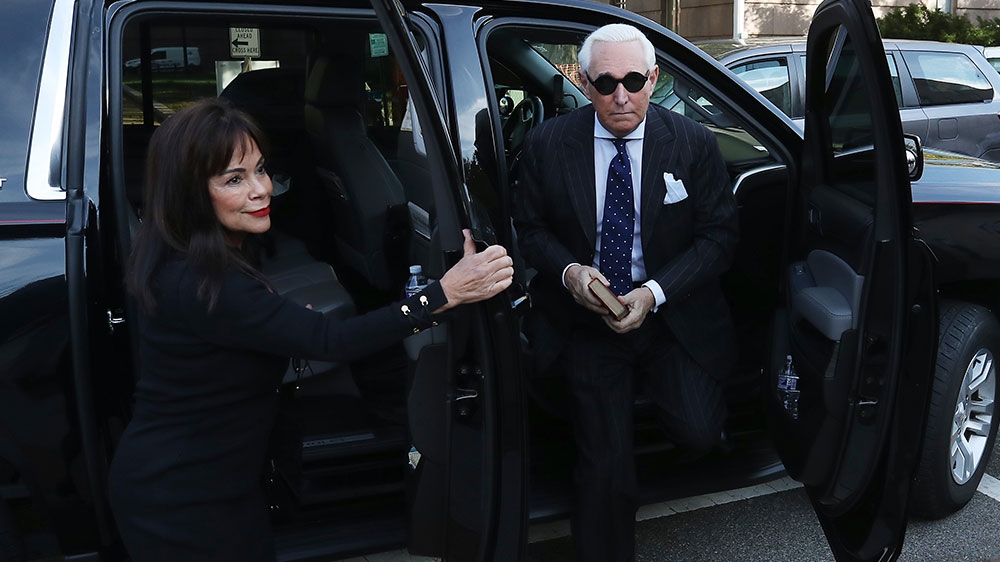 Roger Stone, former adviser to President Donald Trump, and his wife Nydia Stone arrive at the court