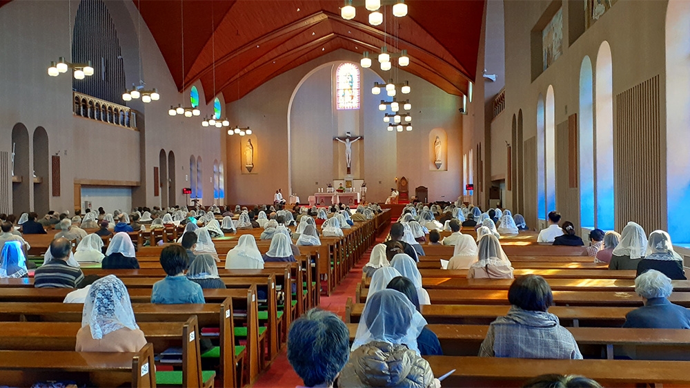 Catholics attend mass at Urakami Cathedral in Nagasaki on Sunday, November 10.