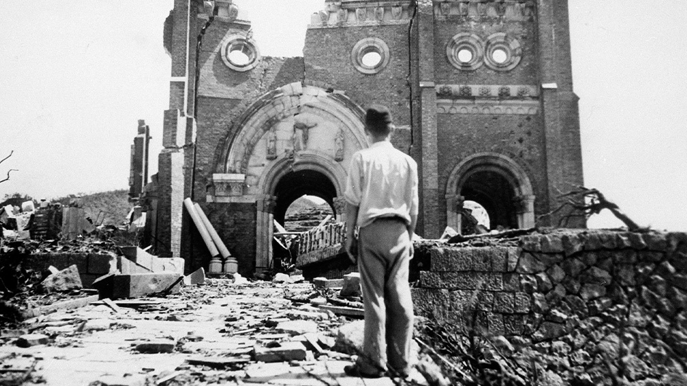 The Urakami Cathedral in Nagasaki in September 1945 a month after the city was laid waste by a nuclear bomb. [Stanley Troutman, ACME via AP Photo]