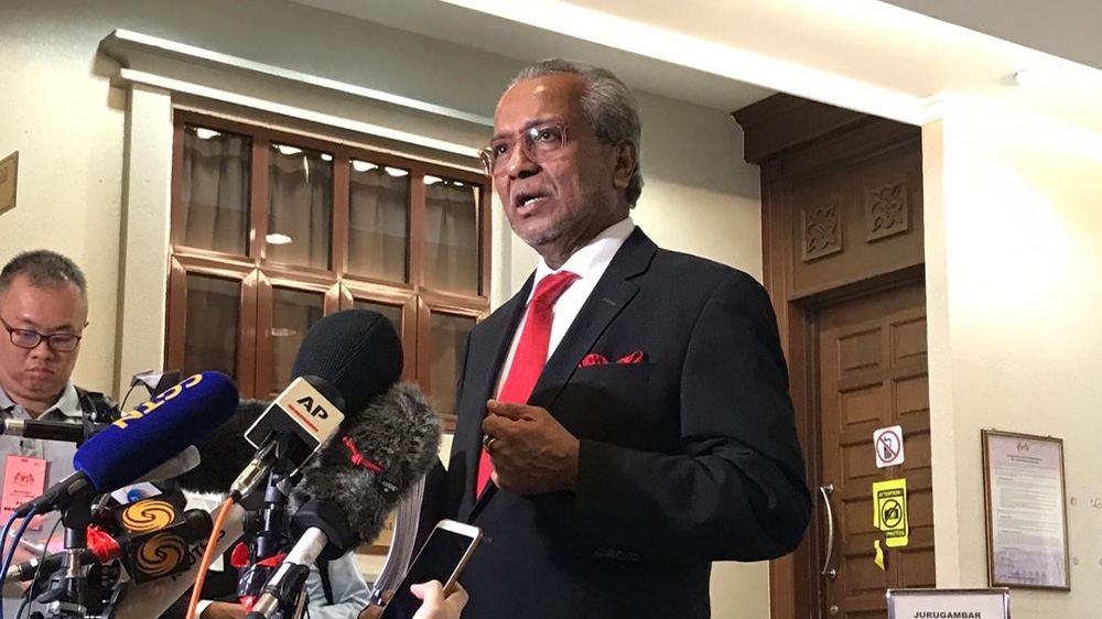 Muhammad Shafee Abdullah, defence lawyer for former Malaysian Prime Minister Najib Razak speaks to the media outside court