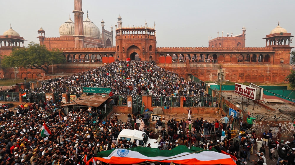 Demonstrators attend a protest against a new citizenship law after Friday prayers at Jama Masjid in New Delhi