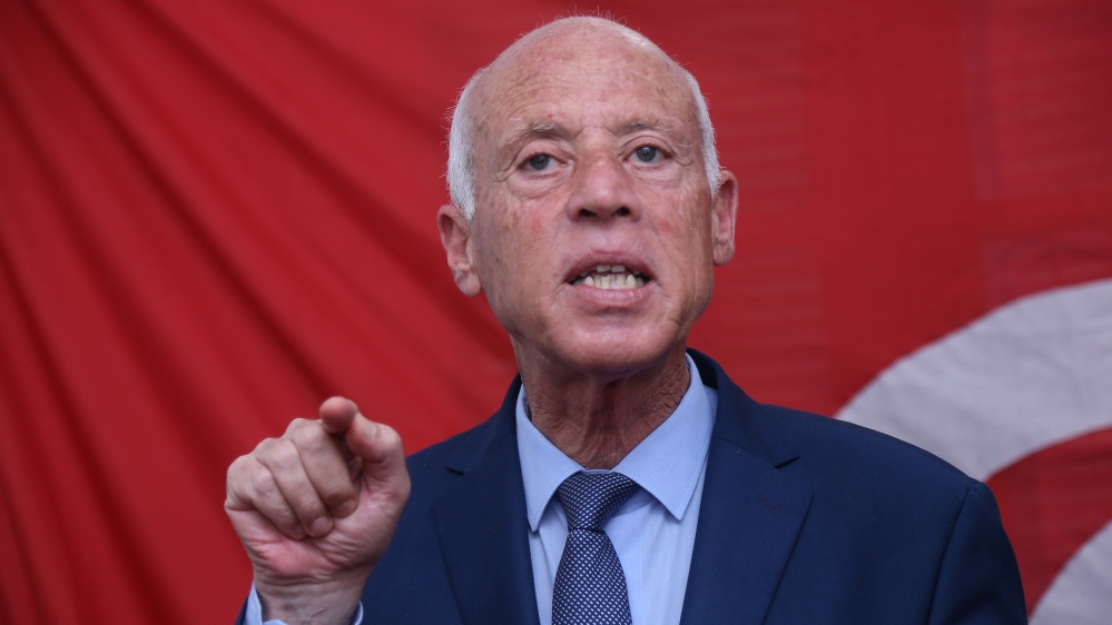 Tunisian president  Kais Saied gestures as he speaks during a press conference in Tunis [Anis Mili/AFP]