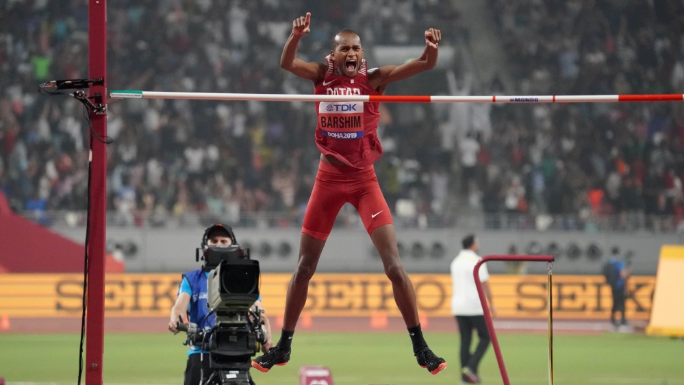 Mutaz Essa Barshim celebrates after winning the high jump at 7-9 1/4 (2.37m) during the IAAF World Athletics Championships at Khalifa International Stadium in Doha
