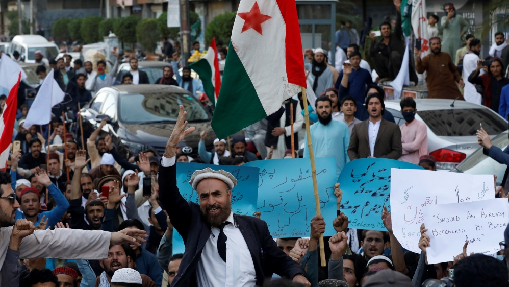 Supporters of Pashtun Tahafuz Movement protest over the arrest of their leader Manzoor Pashteen, in Karachi,