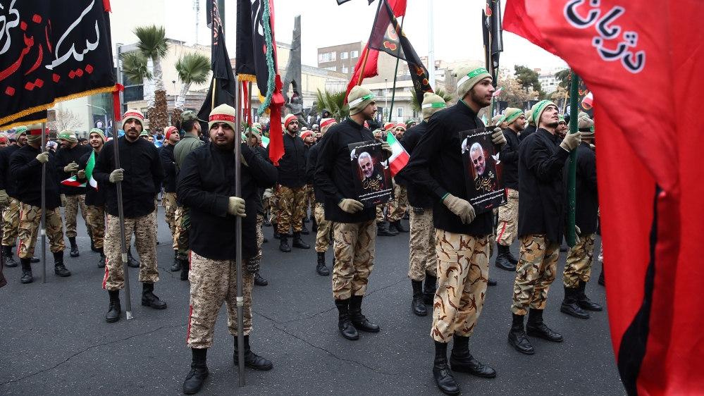 Iranian soldiers gather to mourn General Qassem Soleimani, head of the elite Quds Force, who was killed in an air strike at Baghdad airport