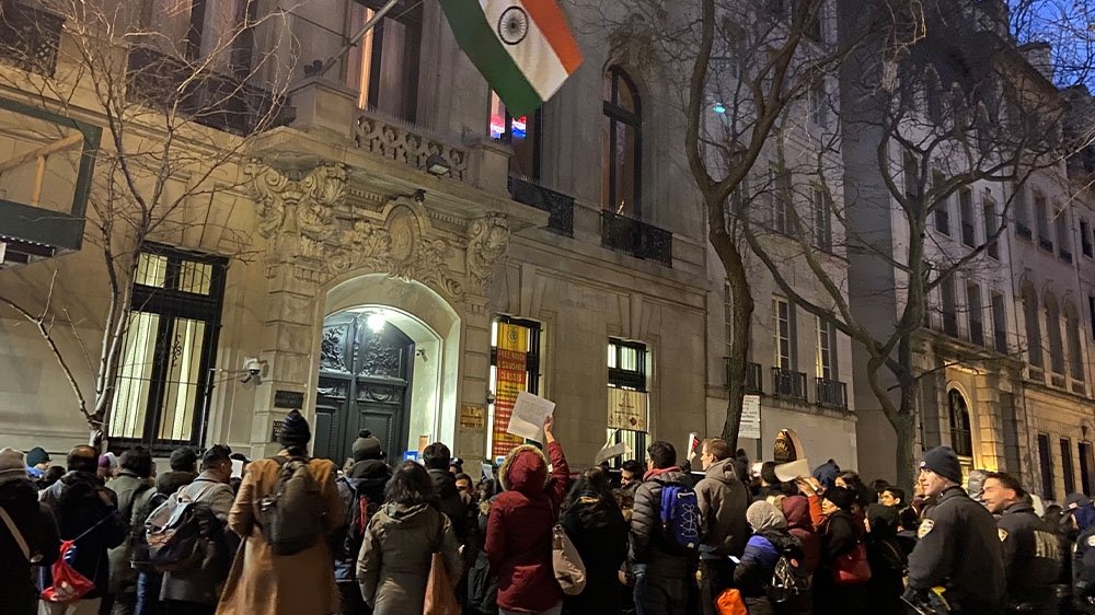 Protesters gathered outside Indian consulates in a number of US cities